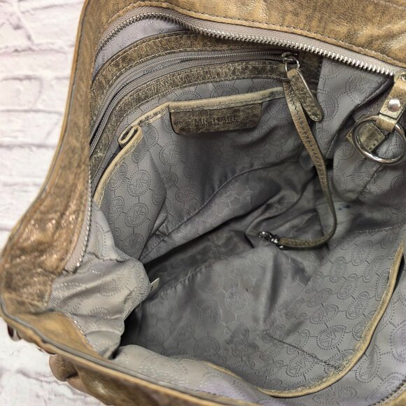 Michael Kors Designer Shoulder Bag Metallic Taupe Leather w/ Chain Accent - Picture 7 of 14